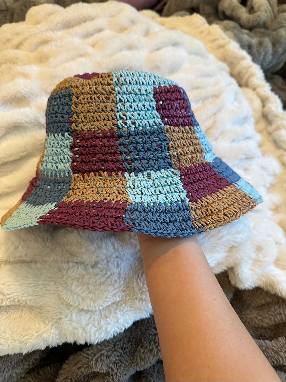 Multicolor Crochet Bucket Hat - Blue, Tan & Plum